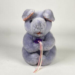 1990 Gund Kiss Kiss Purple Pig Plush Stuffed Animal Holding Flowers 9"